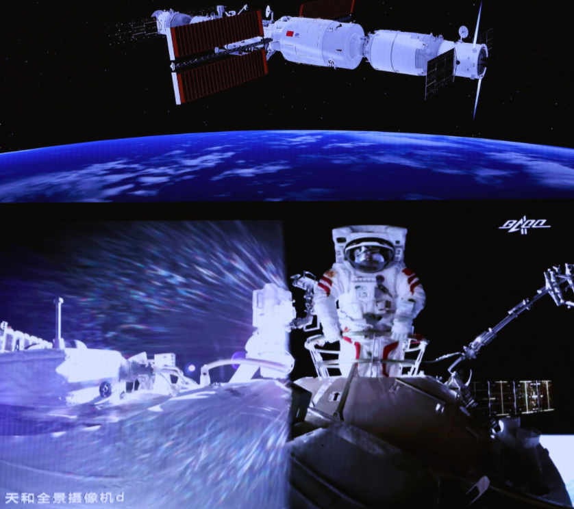 刘伯明站上机械臂，两位航天员舱外合影，机械到底有多强大？