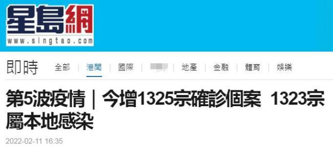 香港新增1325例新冠确诊病例，其中1323例本地病例